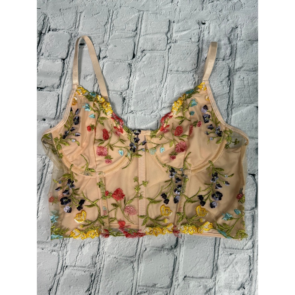 Victoria's Secret Corset Top L Floral Embroidered Mesh Sheer Bustier Cottagecore